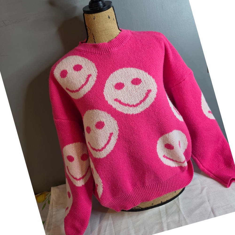 Hot Pink Smiley Face Graphic Knit Crewneck Sweater Large Streetwear Pullover